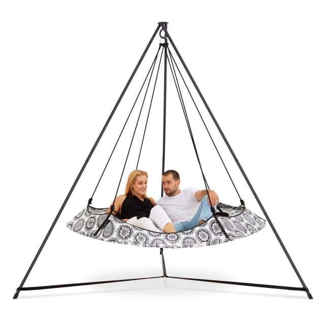 Set Hängebett 1,8m mit Mandala Muster mit schwarzem Gestell 2,4m by Hangout Pod TI-HAT18BKMA color camouflage
