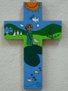 Holzkreuz Jesus als Hirte